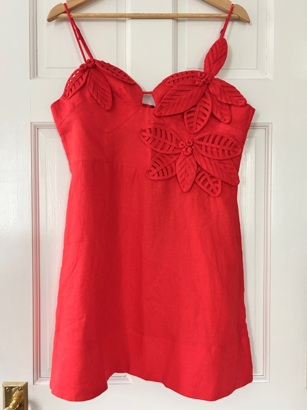 FARM Rio Red Linen Mini Dress with Leaf Appliqué